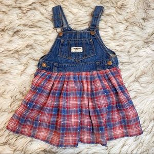 OshKosh B’Gosh Denim Overall Dress Red White Blue Plaid Size 18 Months